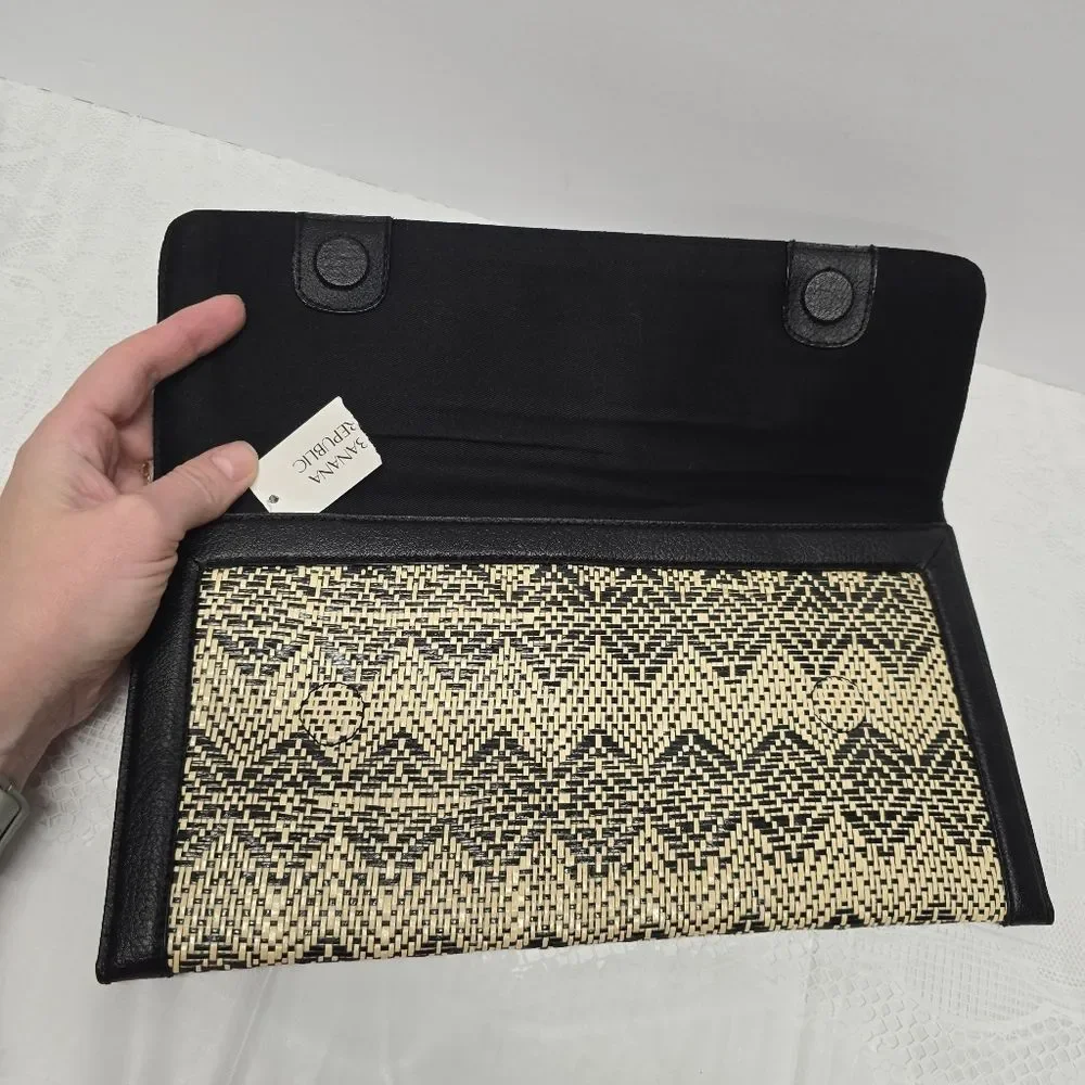 Banana Republic Chevron Straw Clutch Black Vegan Leather Trim Boho Chic NWT